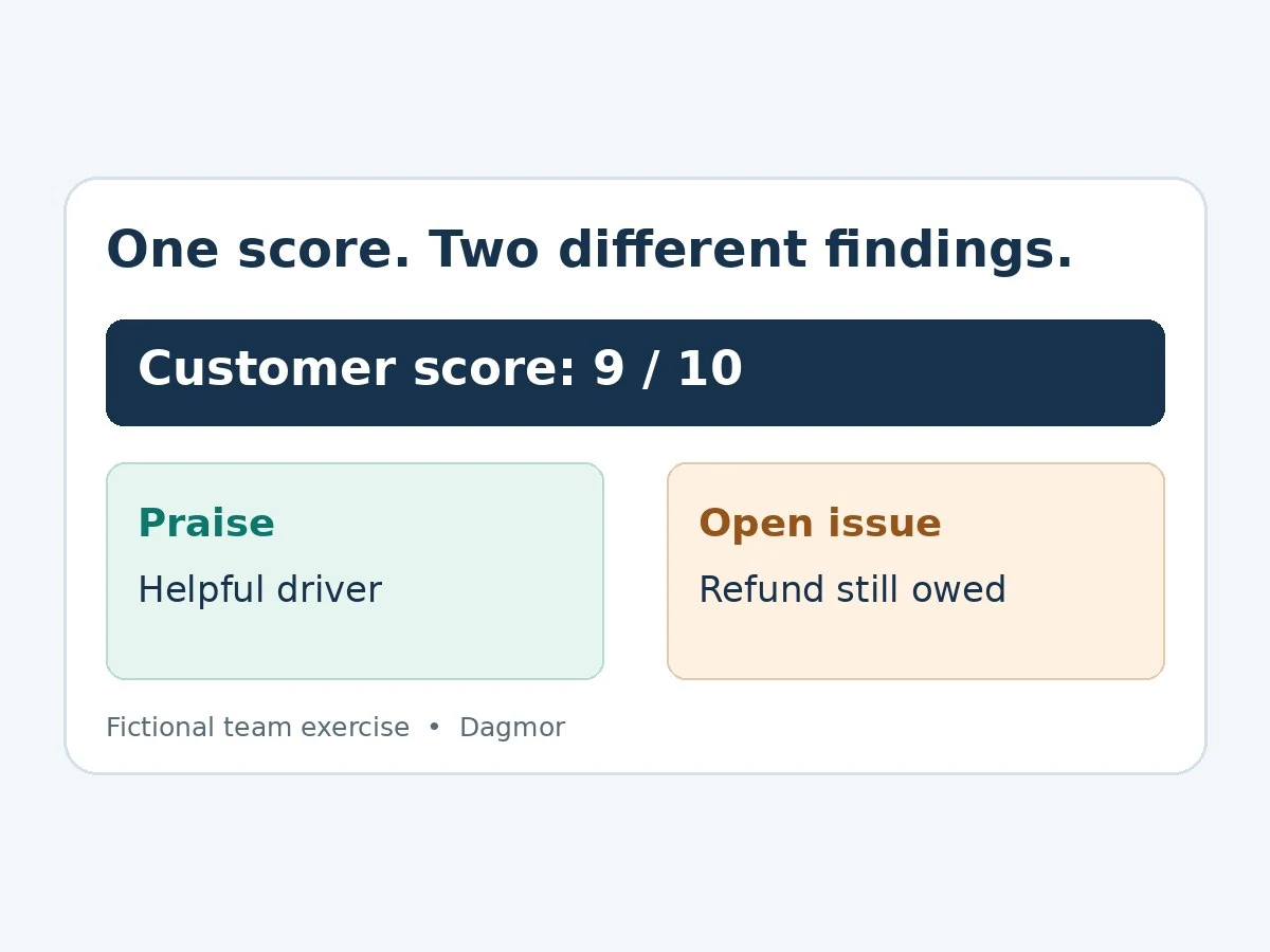 One score, two different findings: praise for a helpful driver and an open refund issue (fictional team exercise)